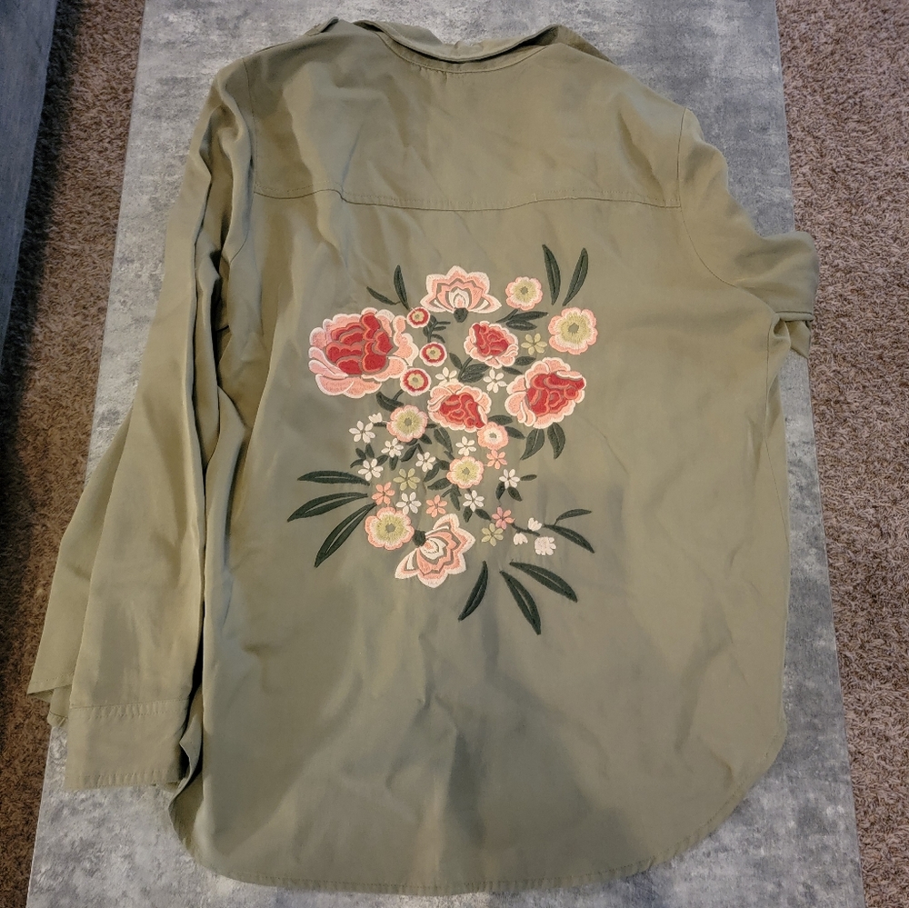 hummingbird Women's Military Button Down Shirt Floral Embroidered Size S